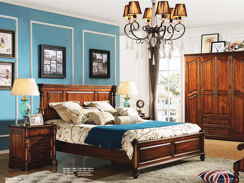 美伦卡家具美式卧室实木复古白色双人床W8109/床头柜W8118/四门衣柜W8138