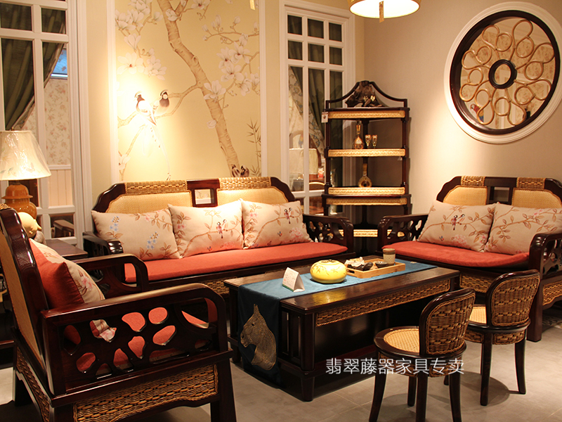 小藤匠 新中式客厅真藤印尼藤双人位+三人位+单人位沙发/茶几