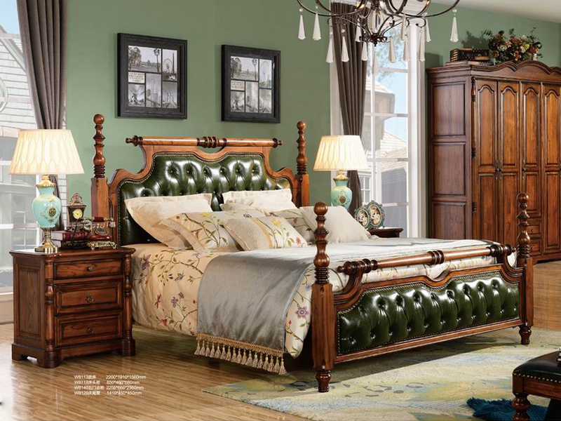 美伦卡家具美式卧室实木皮床双人床W8113/床头柜W8118/五门衣柜W8140/床尾凳