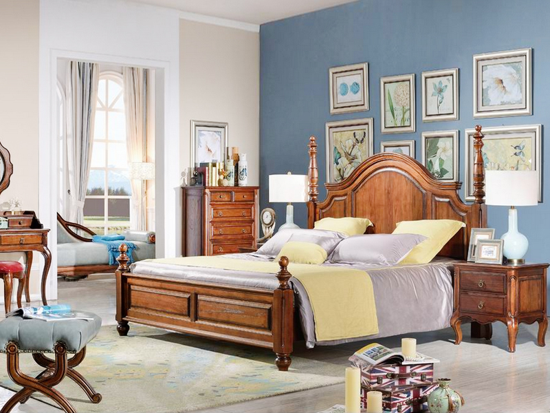 美伦卡家具美式卧室实木双人床W8152/床头柜W8143/梳妆台/婚床