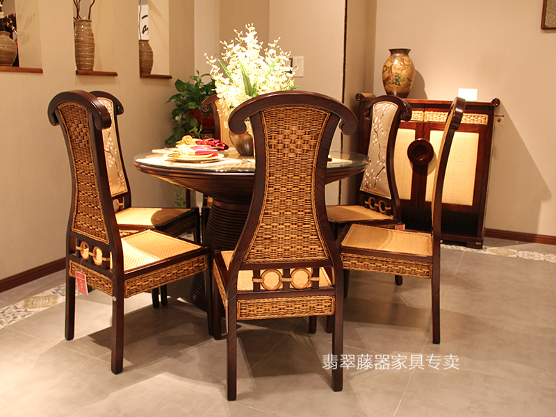 翡翠藤器家具 中式古典餐厅印尼藤实木真藤圆餐桌/餐椅