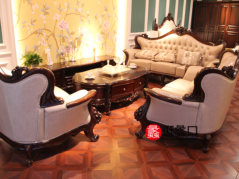 阿米代尔家具美式客厅实木双人位+三人位+单人位沙发组合/茶几