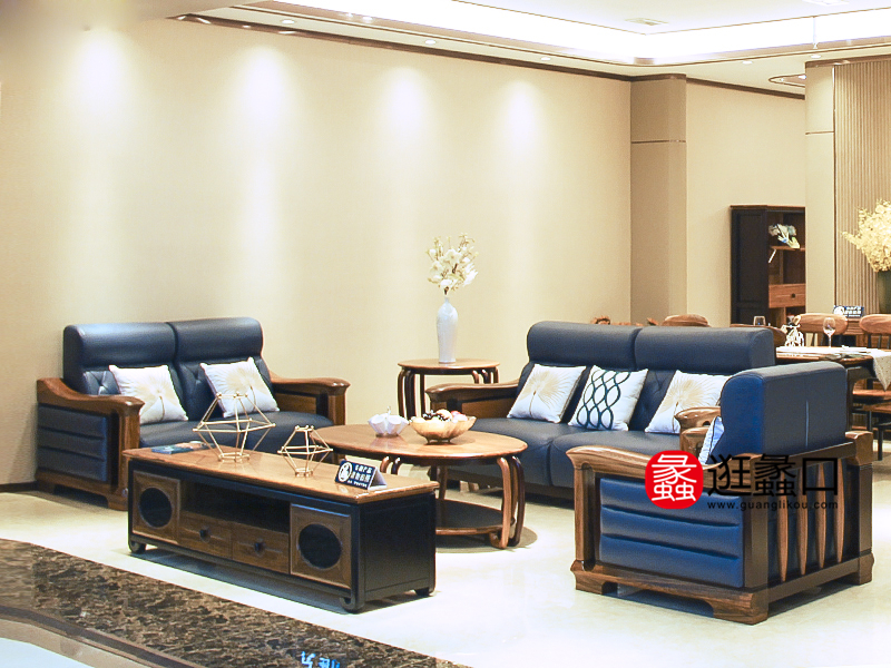 弘轩家私新中式客厅实木双人位+三人位+单人位沙发组合/茶几