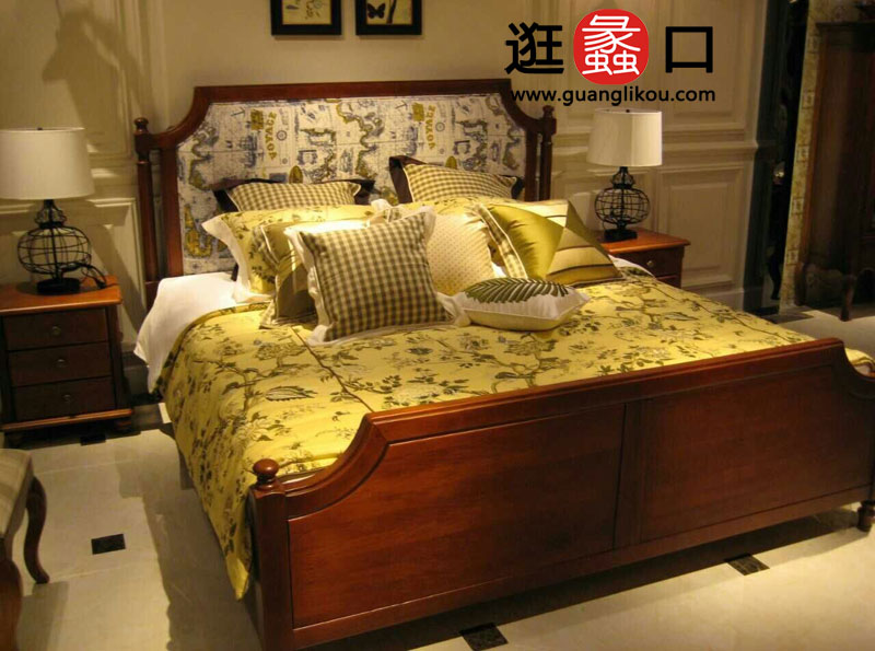 雅苏格兰 美式风格 卧室家具 桃花芯木纯实木卧室双人床