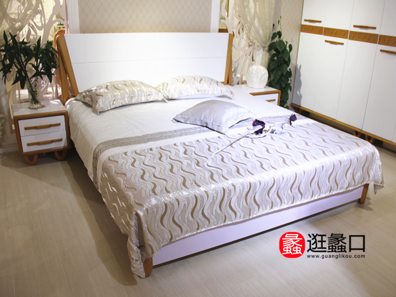 华童家具地中海卧室白色实木大床/床头柜