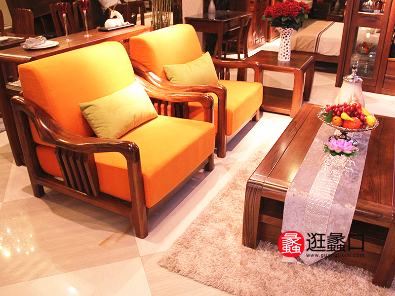 富居家具中式客厅实木布艺软包休闲沙发