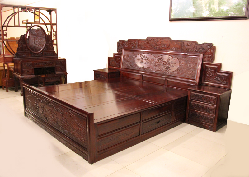 振鑫红木家具中式古典非洲酸枝卧室1.8米大床+2个床头柜