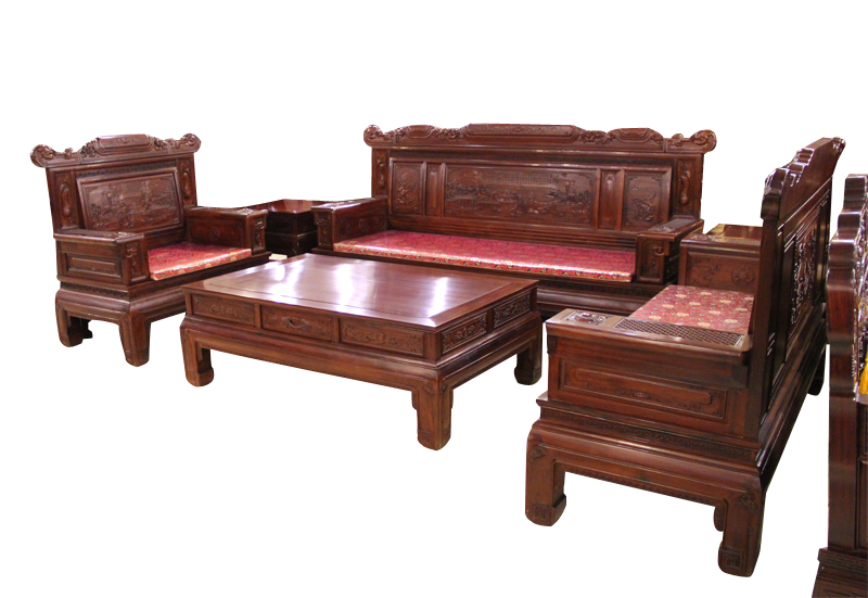 振鑫红木家具中式古典兰亭沙发六件套（单人+双人+三人+茶几+2方几）