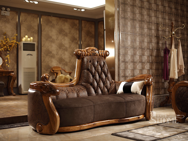 【圣美至尊家具】欧式客厅非洲进口乌金木实木头层牛皮软包沙发