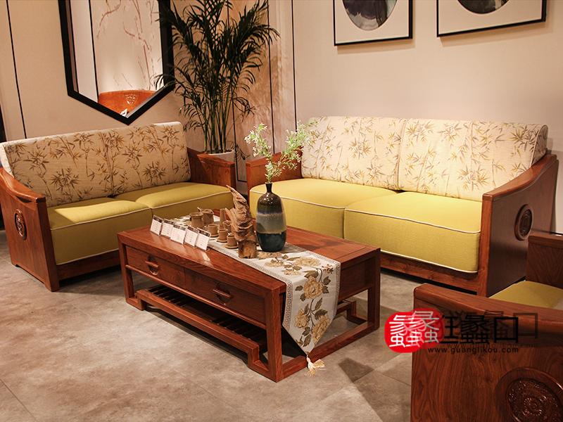 苏美家具新中式客厅实木布艺转角沙发组合/茶几
