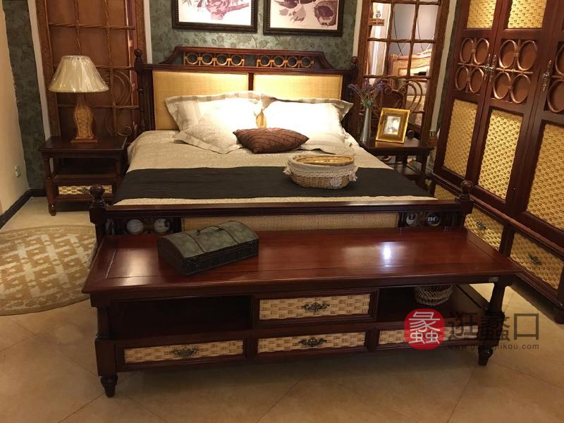 翡翠藤器家具专卖欧式实木与印尼藤床+2床头柜+地柜