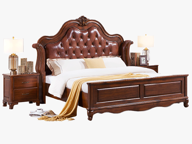 威灵顿家具美式卧室床现代美式真皮床轻奢简美实木床简约别墅卧室双人床A602-36