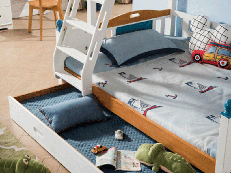 七彩时光儿童实木家具儿童客厅置物架实木儿童床卧室儿童床W02#拖床白色
