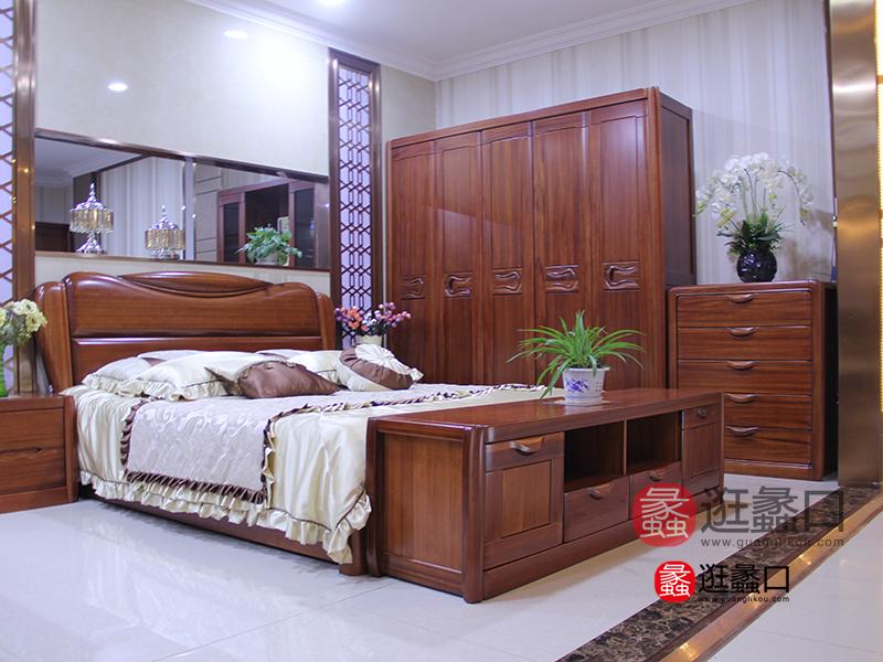 华庭家私现代中式卧室实木双人床/床头柜/电视柜