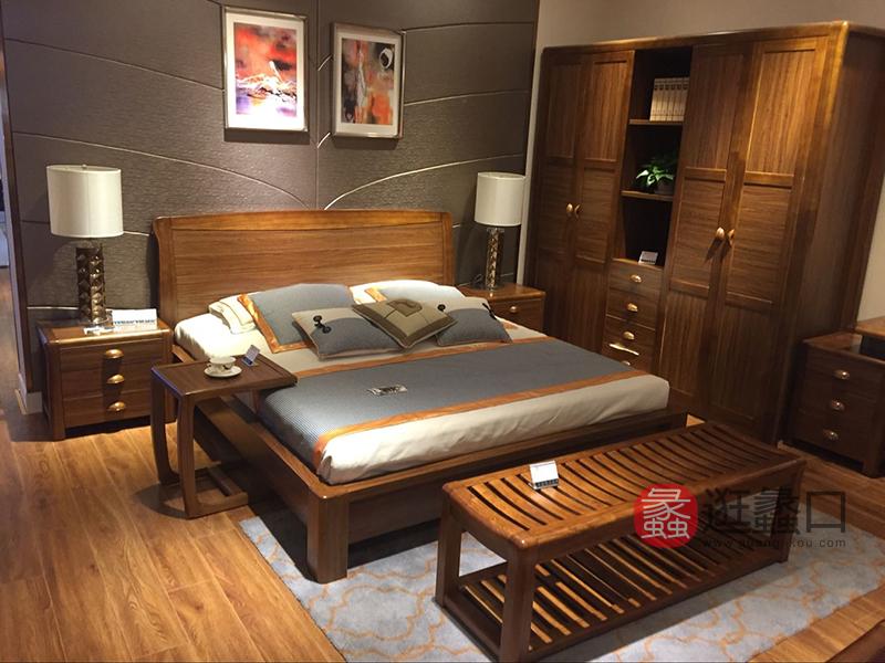 A家家居-金爵士新中式卧室实木床/床头柜/衣柜