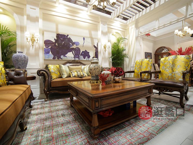 亚兰帝斯家具美式古典客厅鹅掌楸全实木水性漆双人位/三人位/单人位K 4756皮沙发/茶几