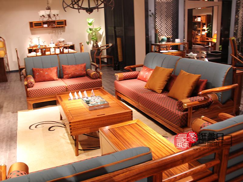 东升家具新中式客厅实木双人位/三人位/单人位沙发组合/茶几