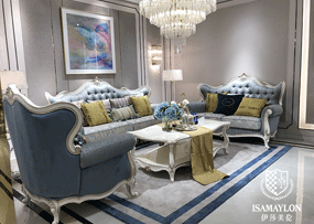 健輝家居·伊莎美倫家具歐式新古典家具歐式藍色客廳櫸木布藝實木單人位+雙人位+三人位沙發組合ML010
