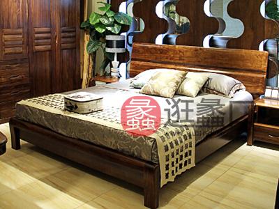 蠡口家具城假日森林简约现代卧室中式乌金木床+2个床头柜
