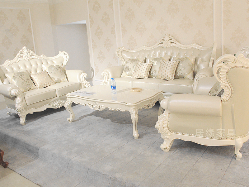 居缘家具欧式客厅沙发实木雕花真皮123白色沙发组合大户型