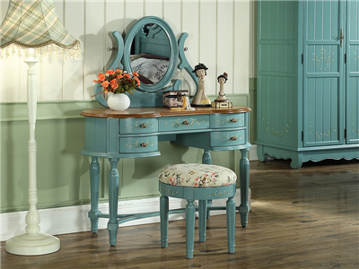 90空间家具·爵典家居 美式蓝色卧室实木梳妆台/妆凳