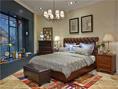 90空间家具·爵典家居 美式卧室实木真皮双人大床