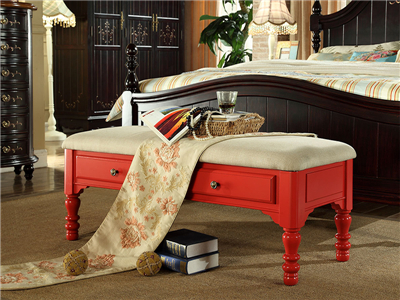 90空间家具·爵典家居 美式卧室红色布艺软包实木床尾凳