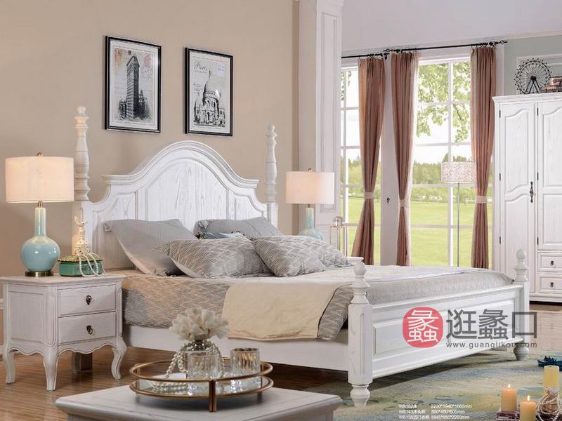 健辉家居·美伦卡家具美式卧室实木复古白色双人床/床头柜W8143/W8138四门衣柜