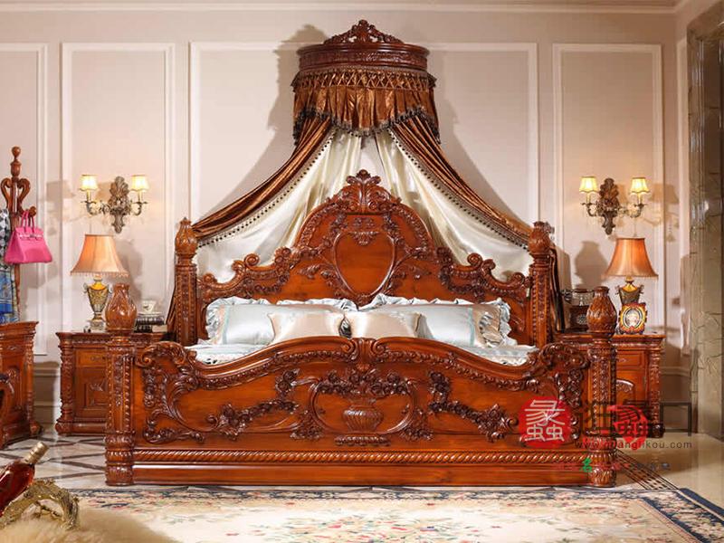 卡洛蔓家具欧式奢华别墅卧室实木雕花进口榉木双人大床/床头柜KLM017