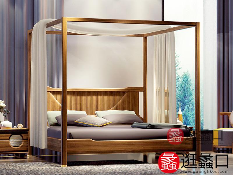 卡纳基·朗森家具新中式卧室素净双人舒适大床+床头柜组合