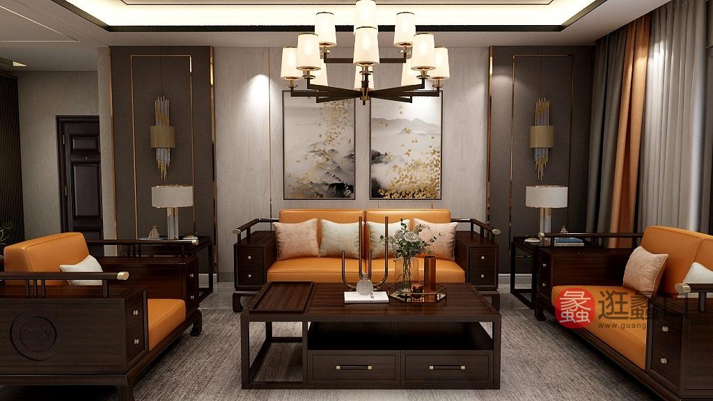 珞川家具新中式客厅实木黑檀木皮艺软包三人位沙发