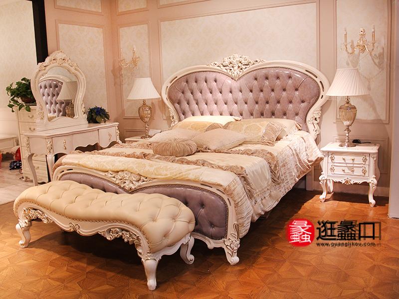 欧汇亚家具欧式卧室实木皮艺软靠双人床/床头柜