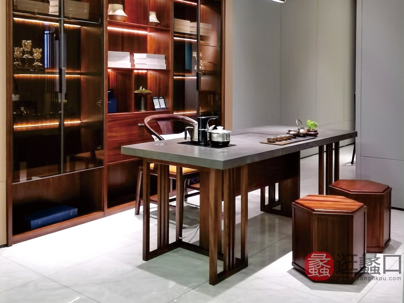 君诺家居·一品海棠·己玉家具黑檀木玻璃岩石现代质感书房茶台茶桌椅YP201