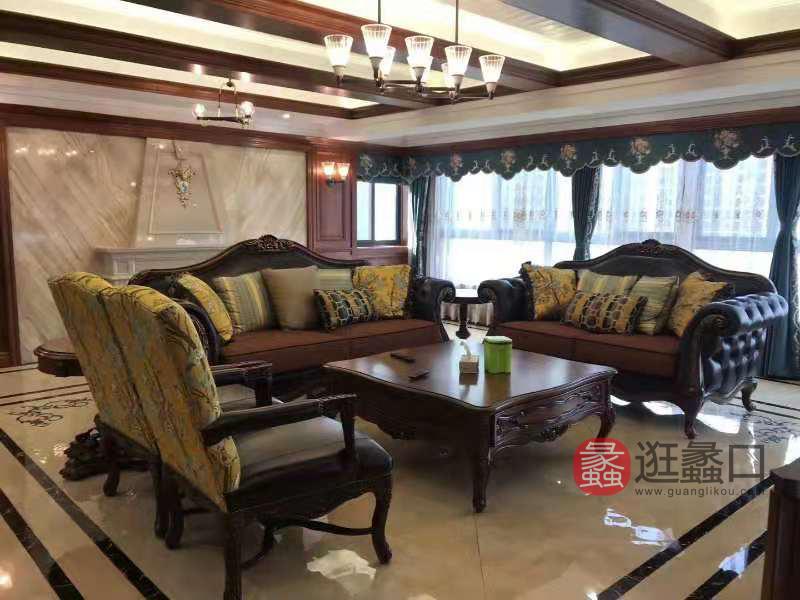美哈特家具美式客厅沙发美式实木牛皮沙发茶几组合MHT015