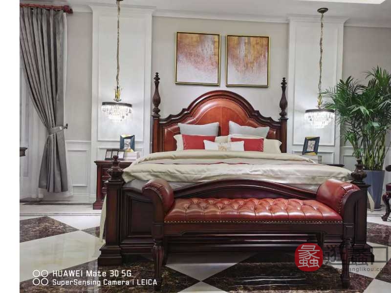 原野居家具卧室美式风格实木+真皮双人大床/床尾凳s906