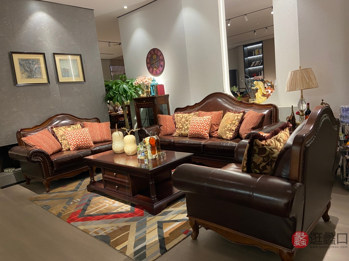 美哈特家具美式客厅沙发实木牛皮沙发茶几组合MHT016
