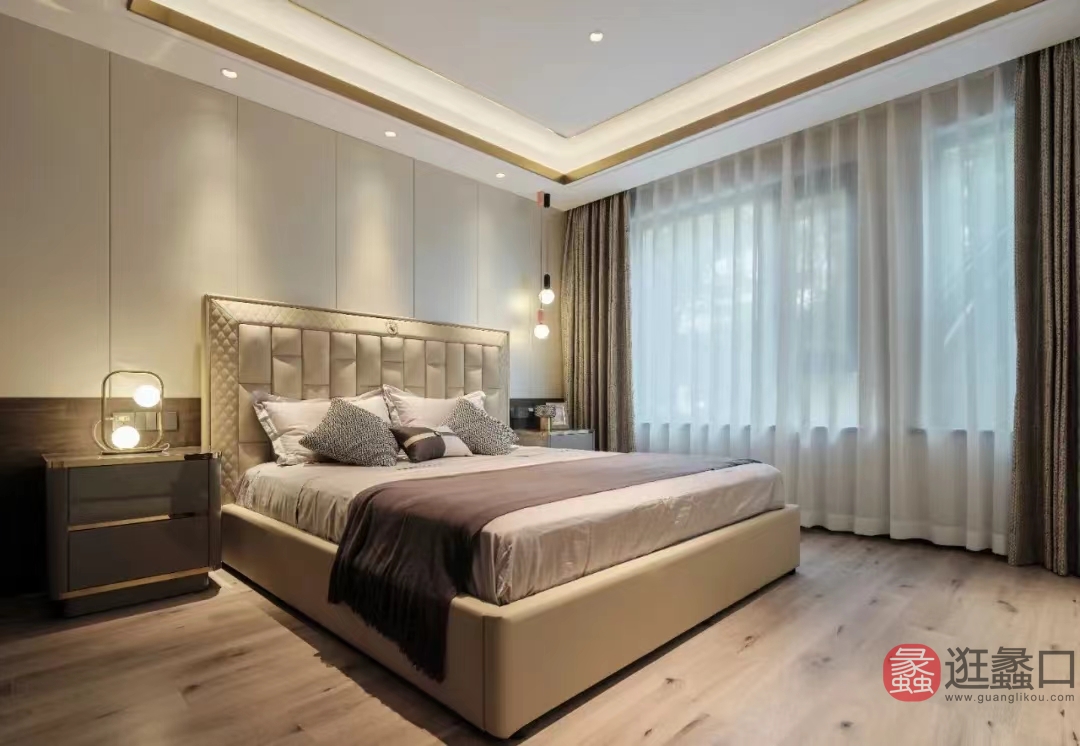 蠡口家具城巴夏居品家具卧室轻奢风格双人床+床头柜组合（白色）BXJP002