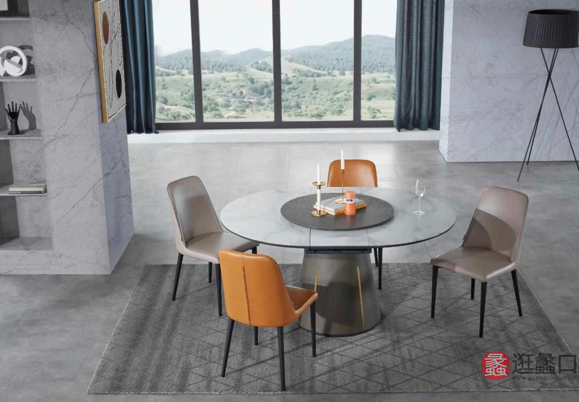 顾家家居旗舰店现代风格餐厅圆形岩板餐桌椅（可旋转）GJ5139