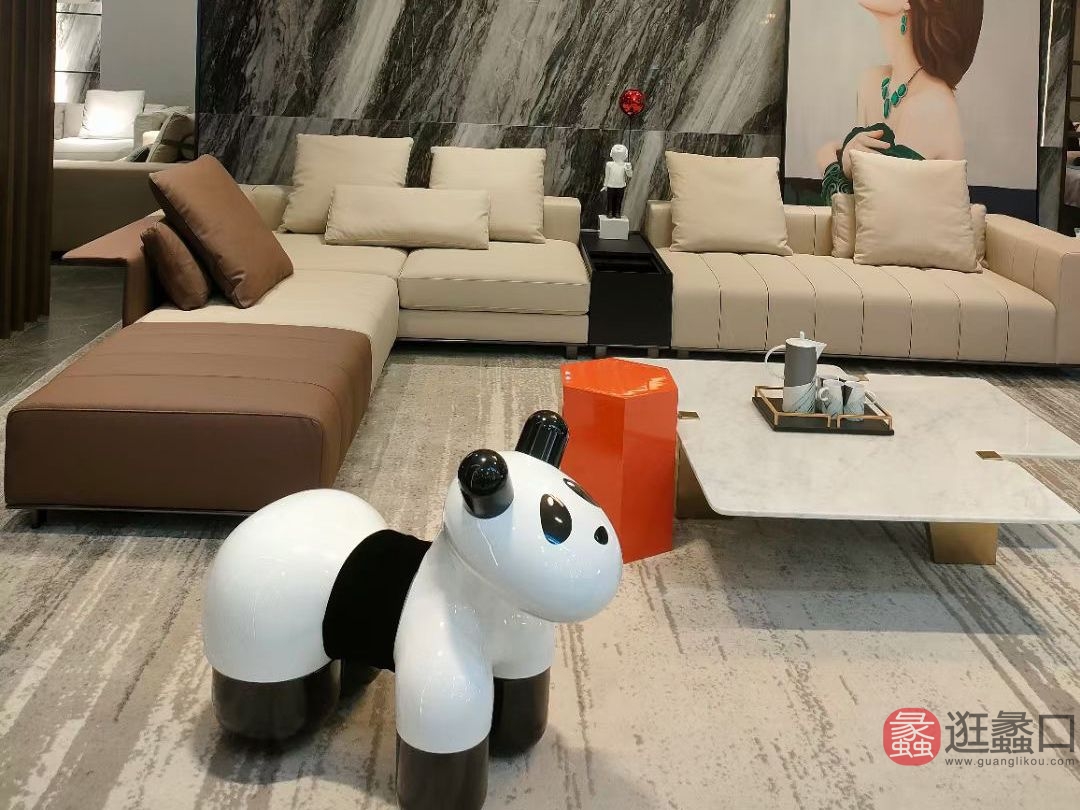意迪生家具意式极简风格客厅拼色L型沙发白色+棕色（意大利乳胶绵牛皮）YDS50741