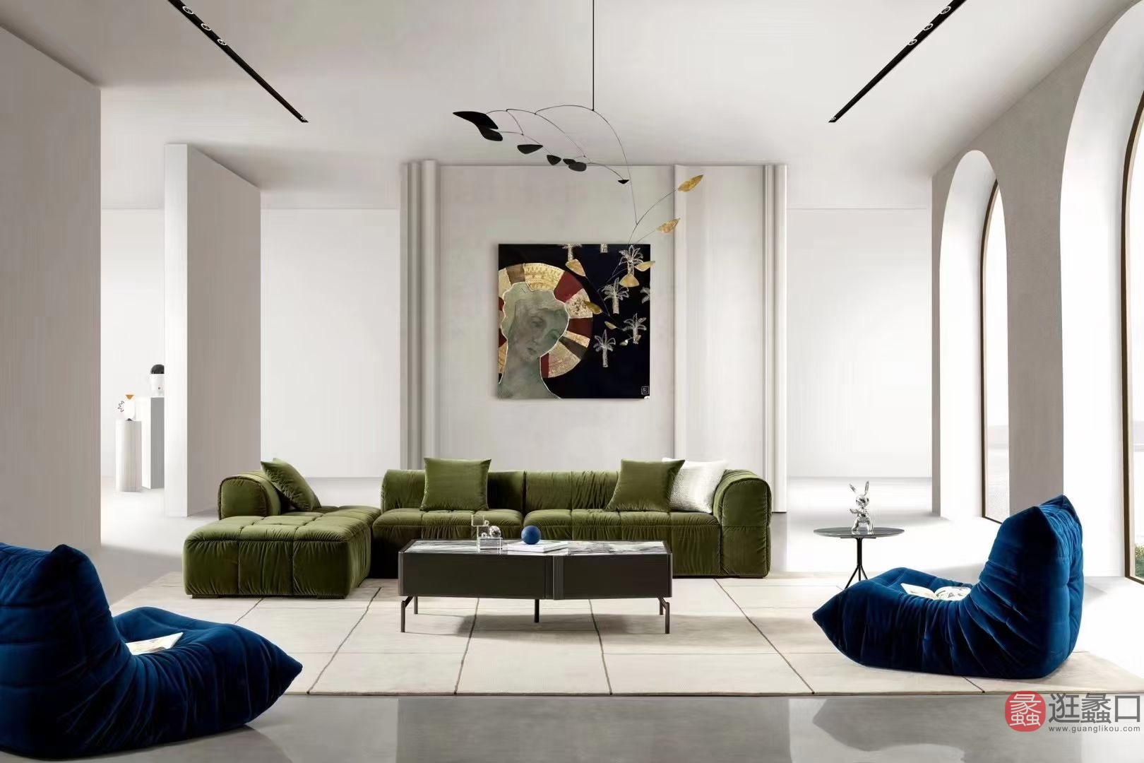 蠡口家具城L&D家居北欧风客厅模块布艺沙发（草绿色）设计师款LD009