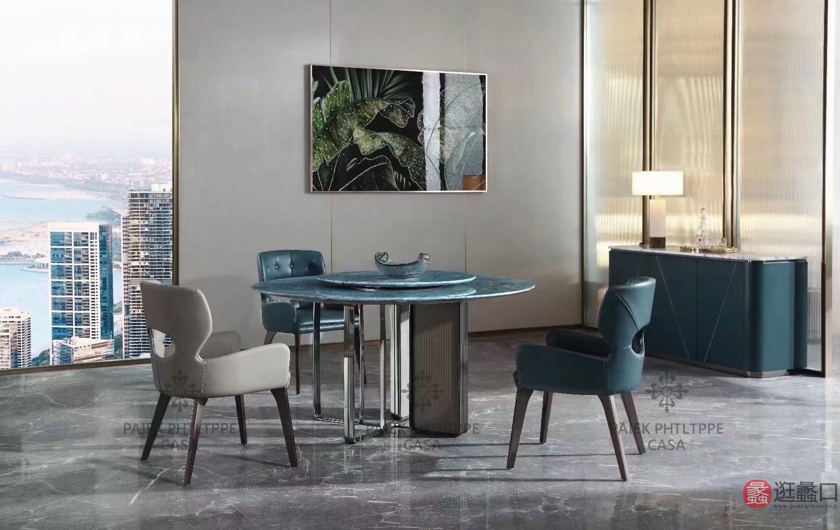 百达翡丽家具轻奢风格餐厅大理石圆形餐桌椅（翡翠蓝）BDFL005