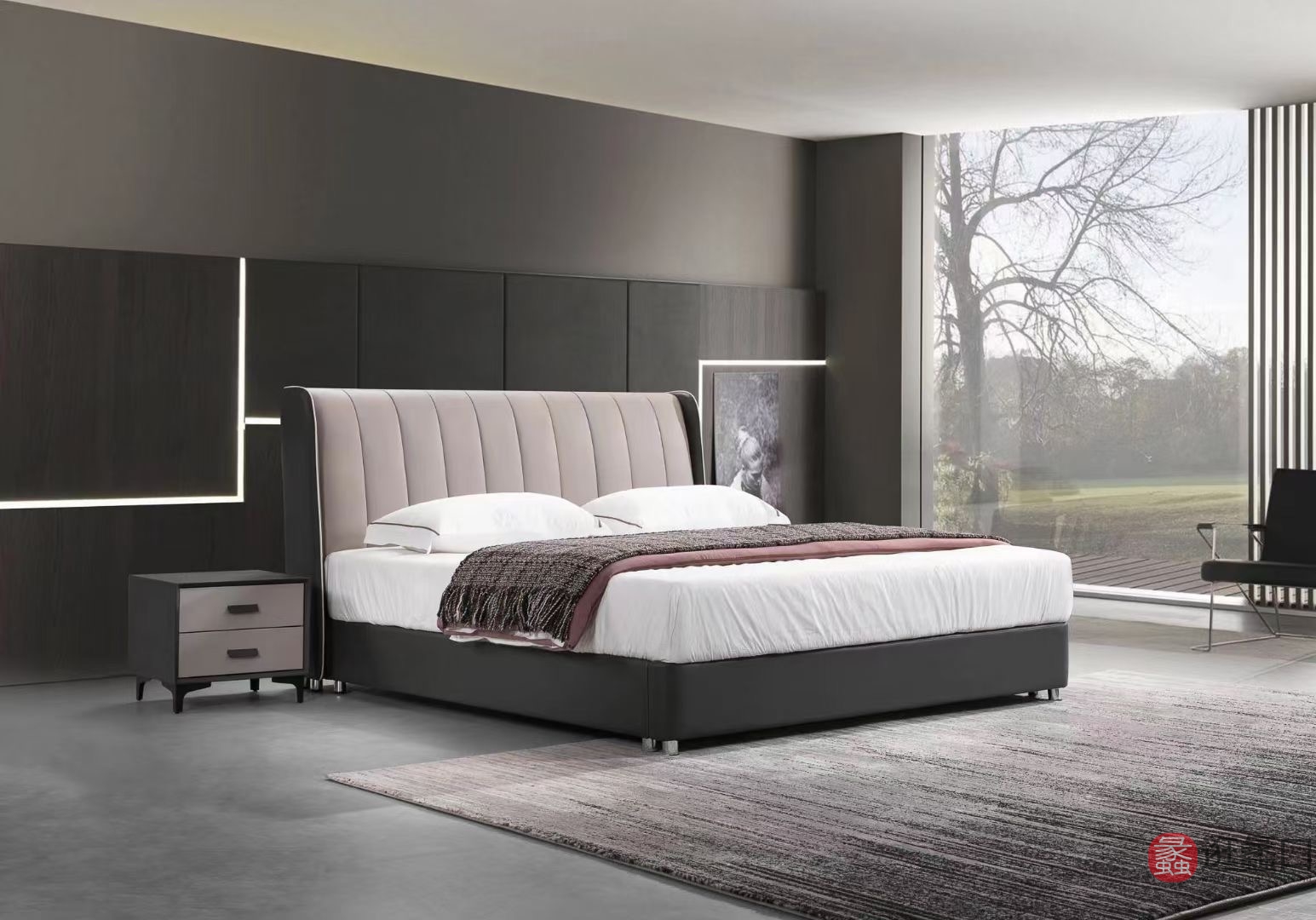 莱姿家居意式极简卧室双人床带靠背落地床LZ015