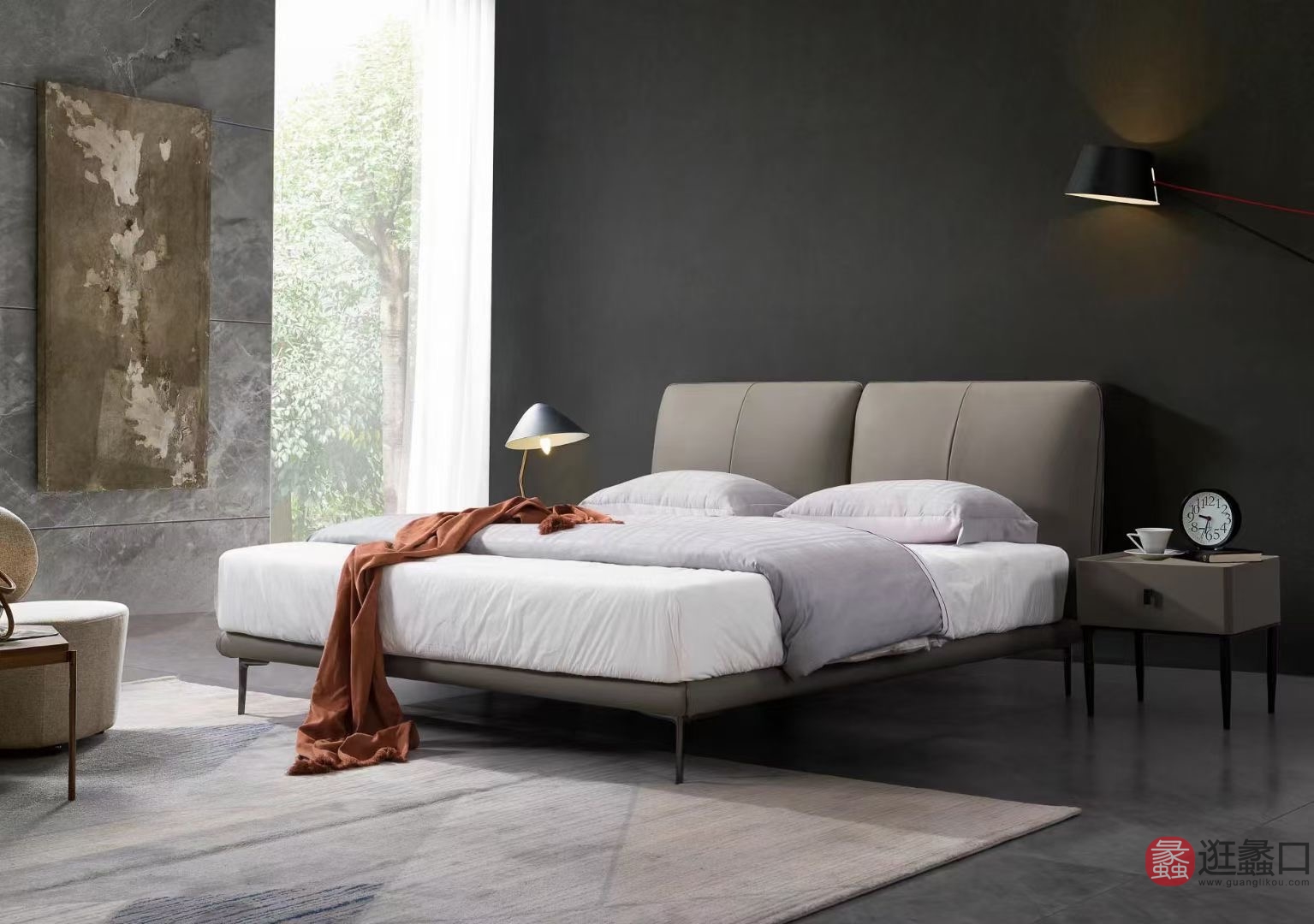 莱姿家居意式极简卧室双人床软包细脚矮床超低床LZ018