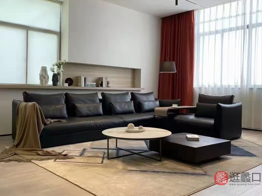 米梵家居意式极简客厅黑色真皮沙发L型MIFAN015
