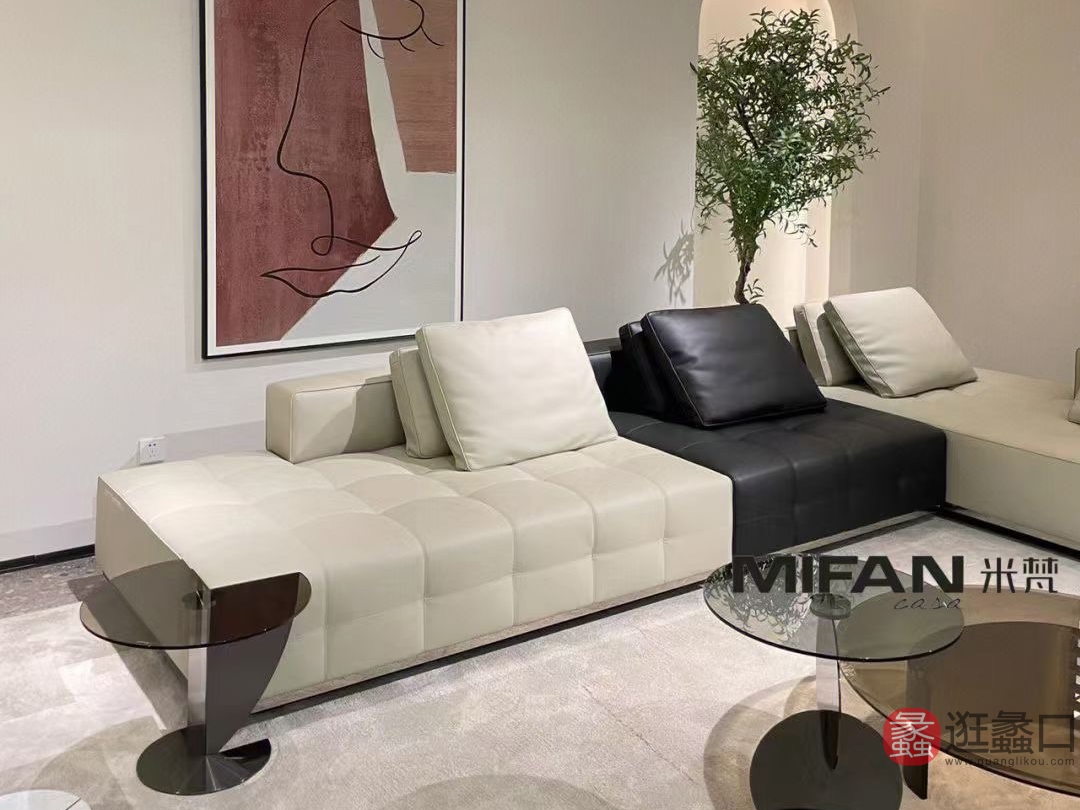 米梵家居意式极简客厅黑白真皮沙发L型沙发大户型MIFAN016