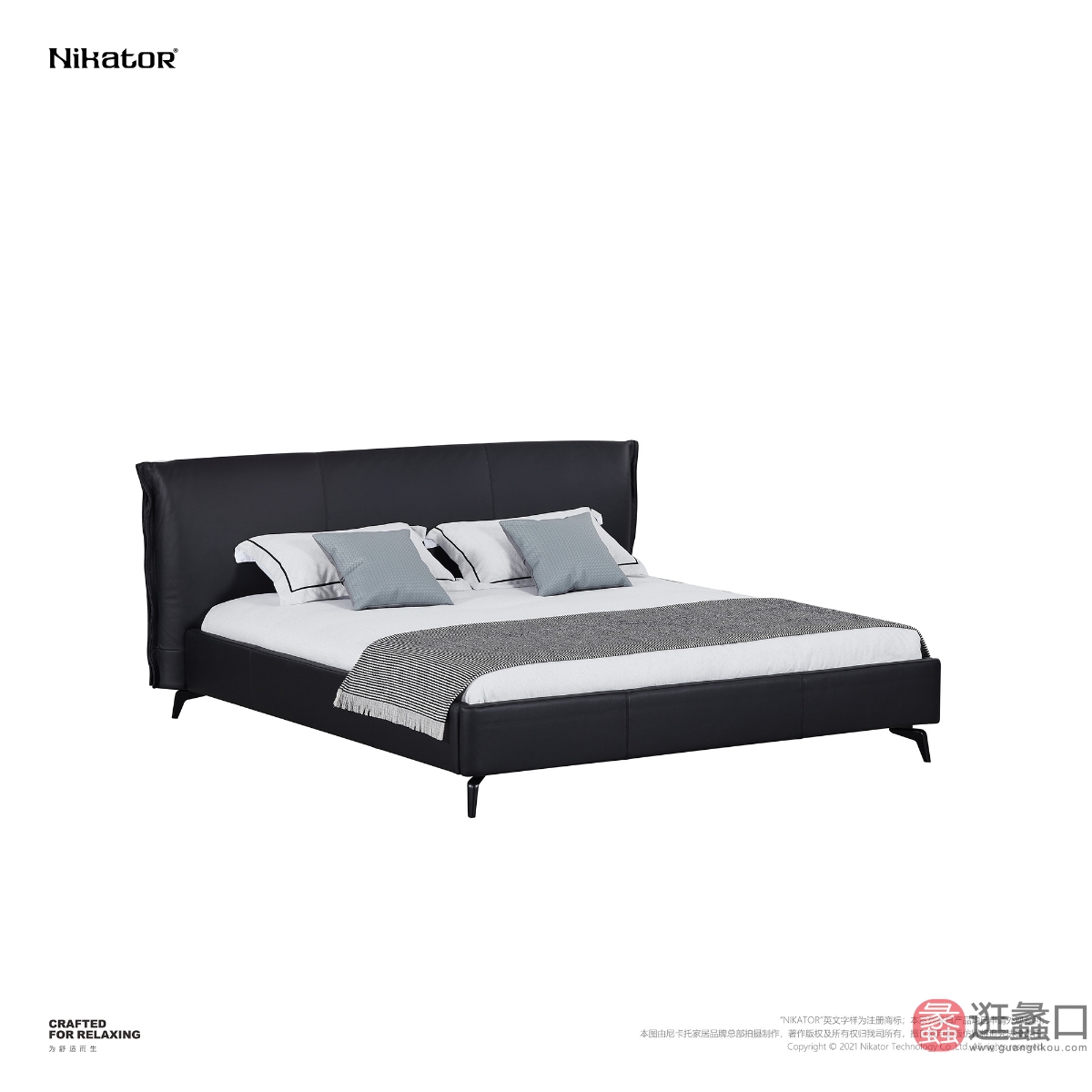 NIKATOR｜尼卡托家具卧室现代简约1.8米双人床黑色真皮超低床NIKATOR013