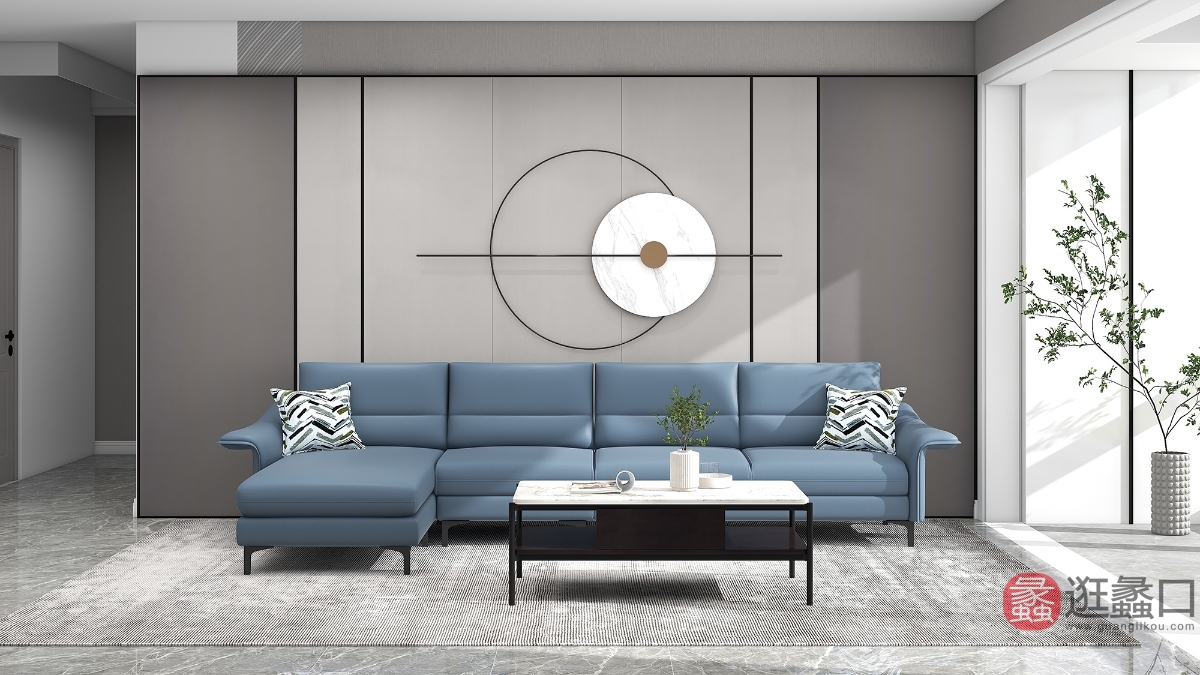 蠡口家具城CBD家具客厅现代简约L型沙发蓝色真皮沙发cbd002