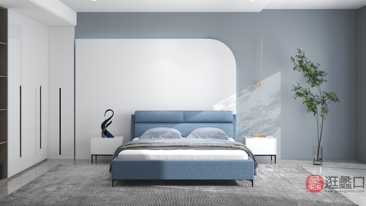 蠡口家具城CBD家具卧室现代简约布艺1.8米双人床蓝色cbd011