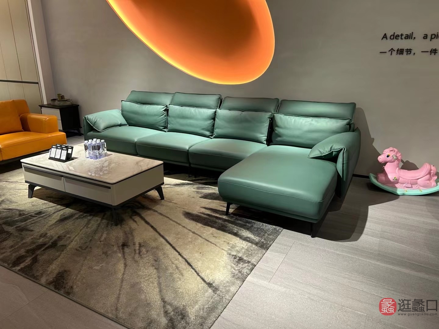 思莱德家具客厅意式极简L型沙发真皮绿色大户型别墅大平层SLD019