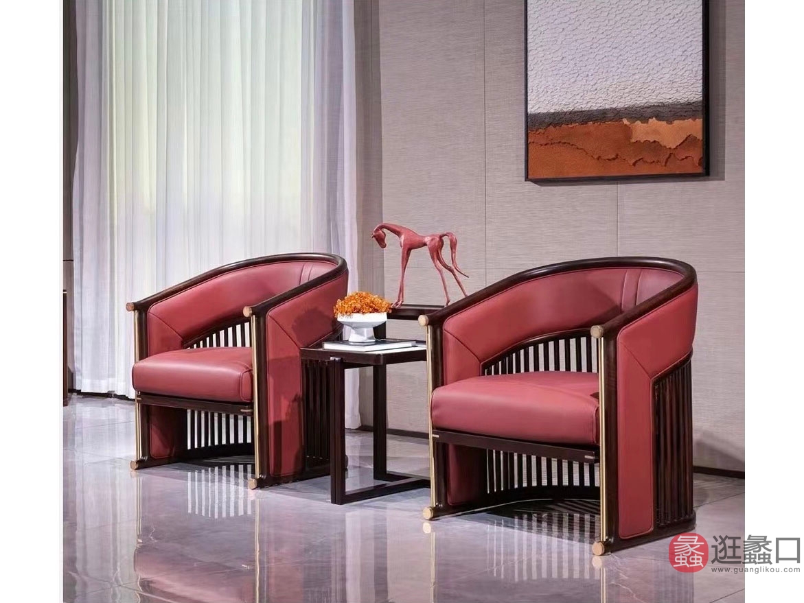 京通光明家具客厅新中式休闲椅单人沙发赛鞋木豆（黑檀木）+真皮JTGM007